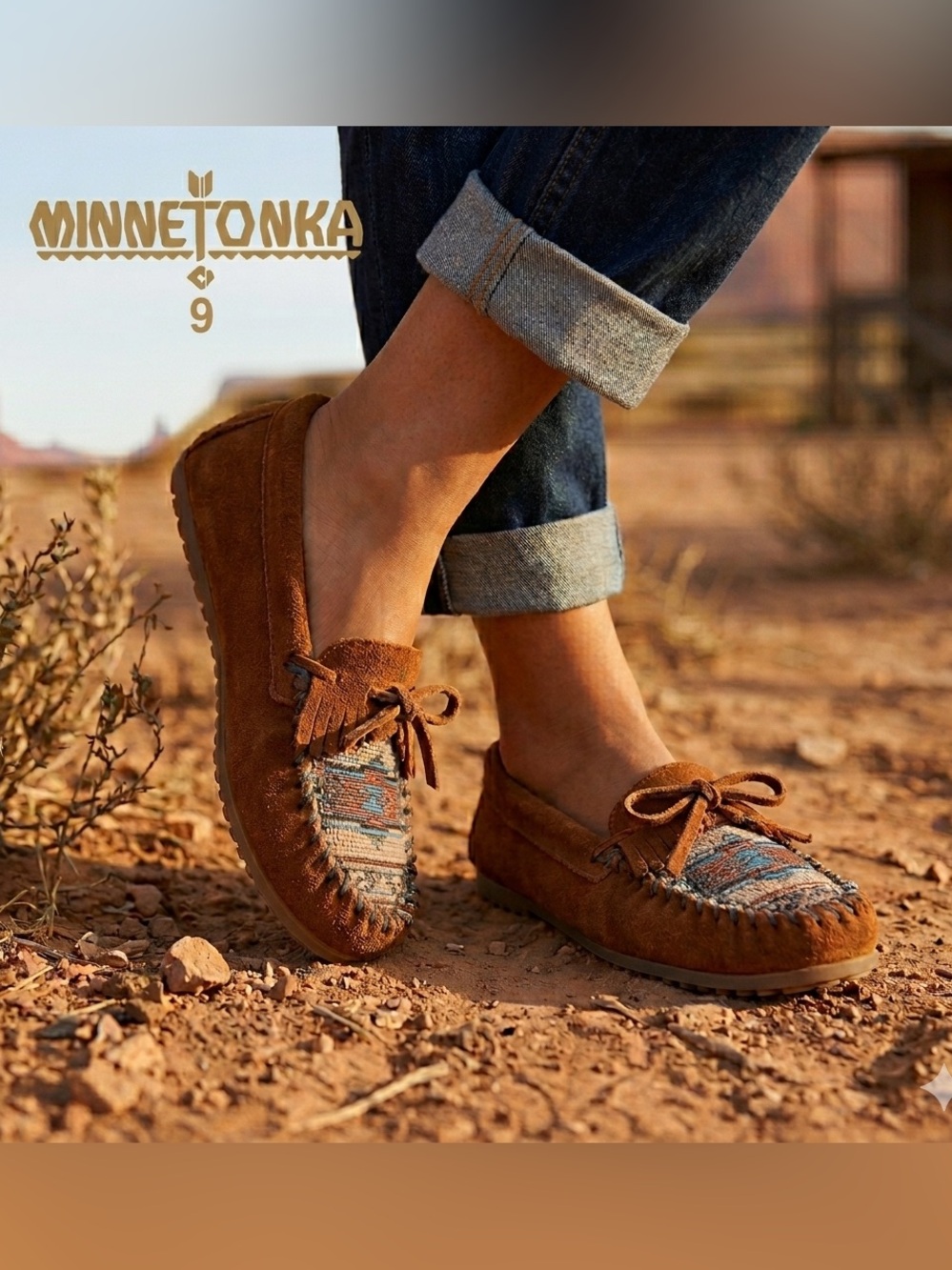 MINNETONKA Women 9 Brown Suede EL PASO II Embroidered Southwest Moccasins 472K